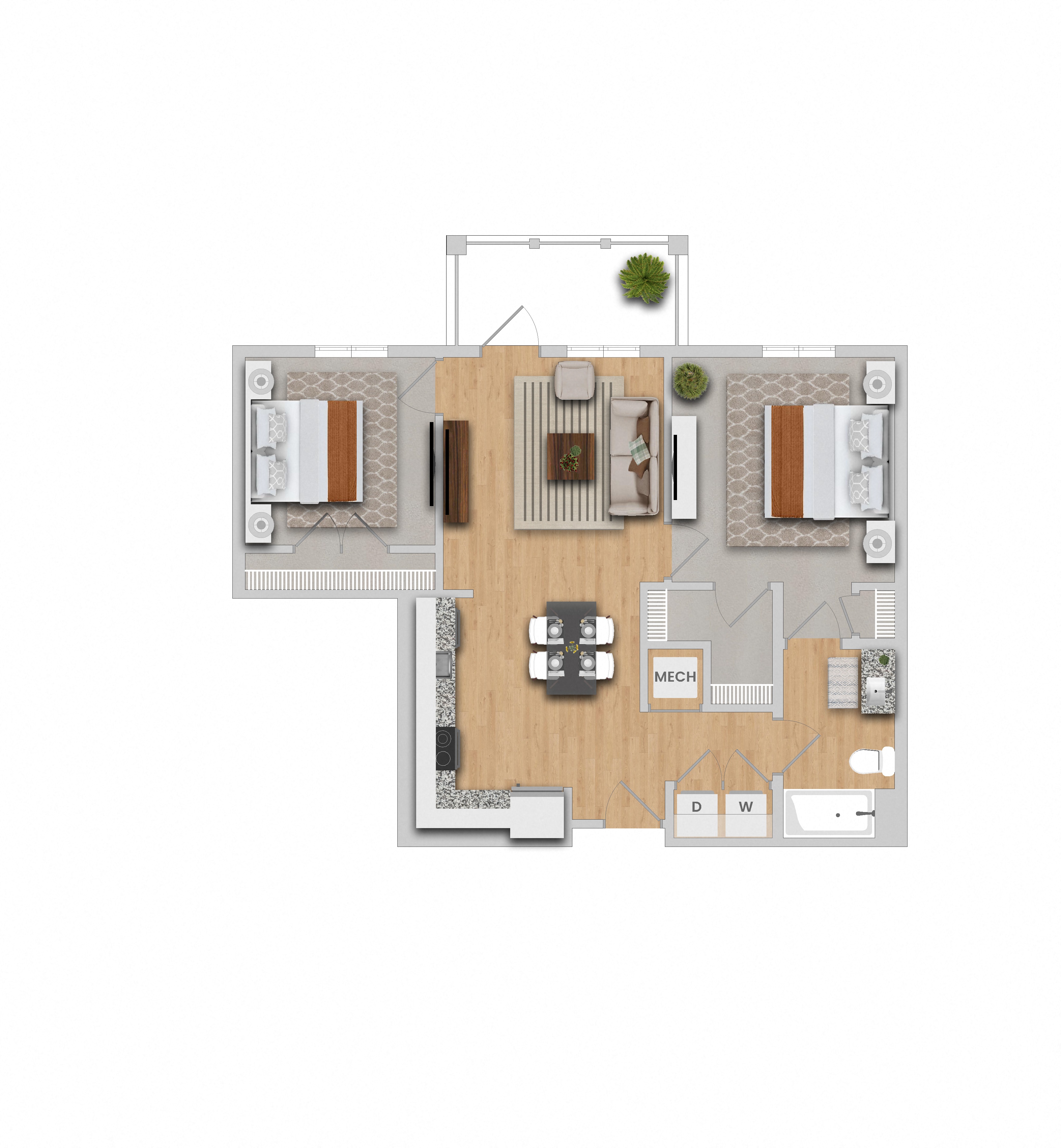 Floor plan for 2 beds, 1 bath, 839 sqft